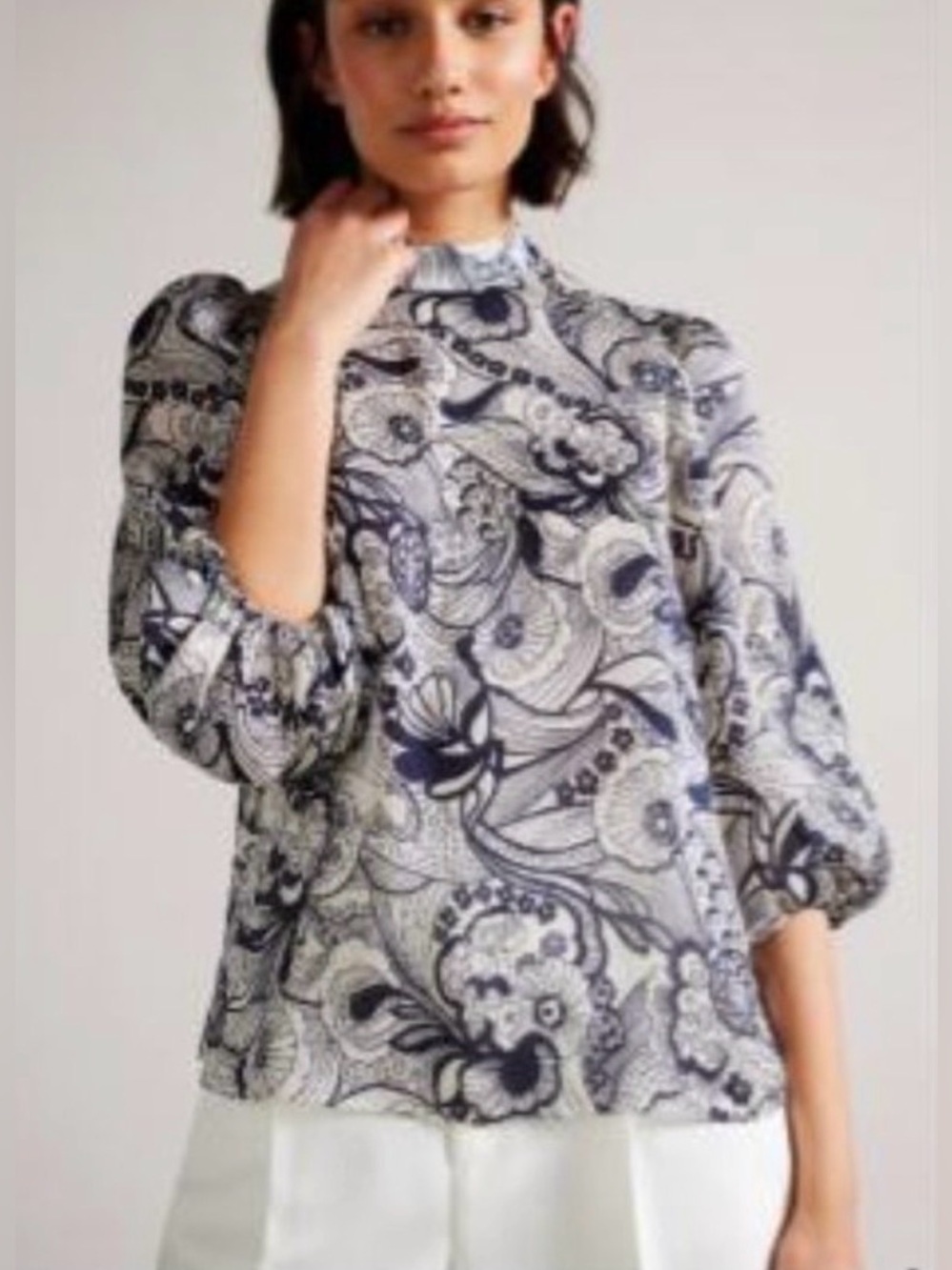 Ted Baker - Johsiie Classic Black And White Floral Mock Neck Sheer Blouse Size 4